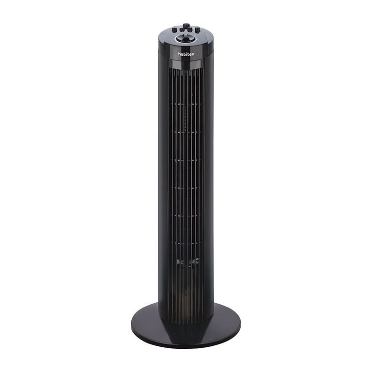 Ventilador de torre HABITEX VT092 negro con panel de control superior y base circular estable.