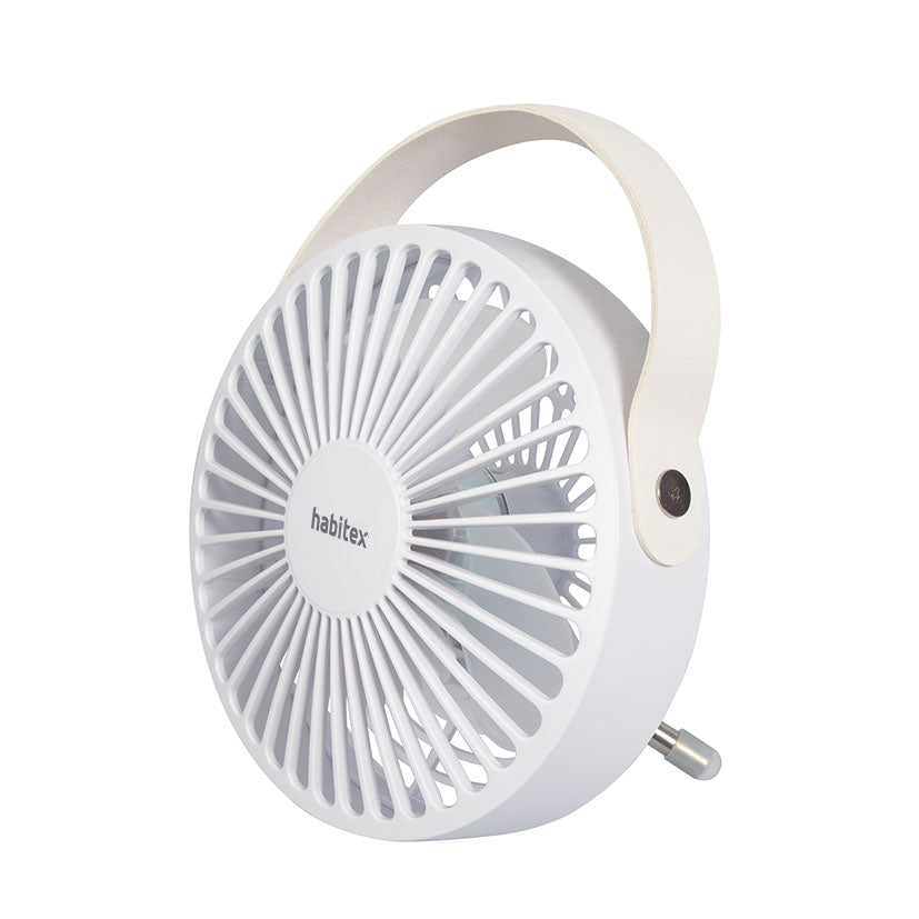 Mini ventilador USB Habitex MVM96 blanco con asa de transporte vista lateral