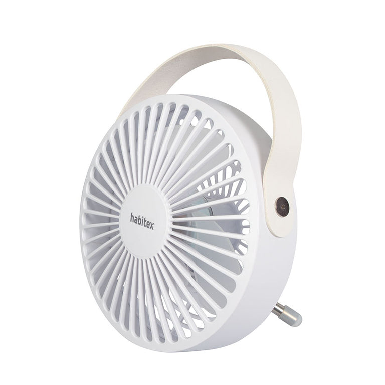 Mini ventilador USB Habitex MVM96 blanco con asa de transporte vista lateral
