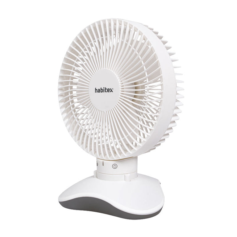 Mini ventilador USB Habitex MVM97 blanco con base gris vista lateral tres cuartos