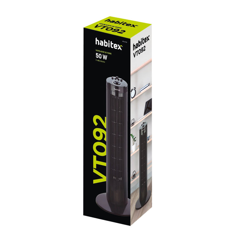 Caja del ventilador de torre HABITEX VT092 detallando potencia de 50W y 3 velocidades.