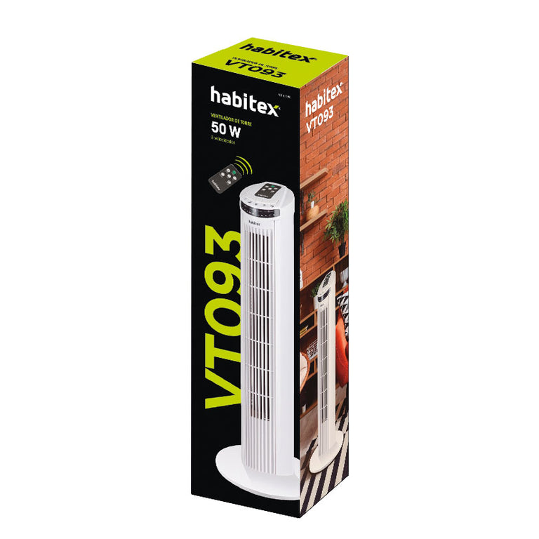 Packaging ventilador de torre Habitex VT093 con especificaciones técnicas