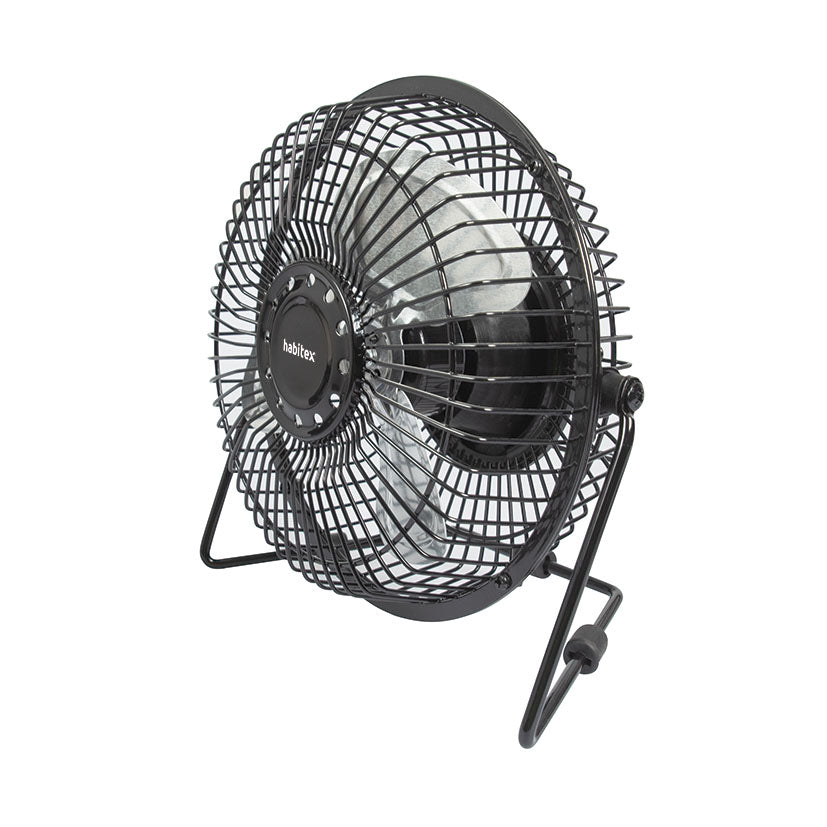 Mini ventilador USB Habitex VM-01 negro con aspas metálicas vista lateral