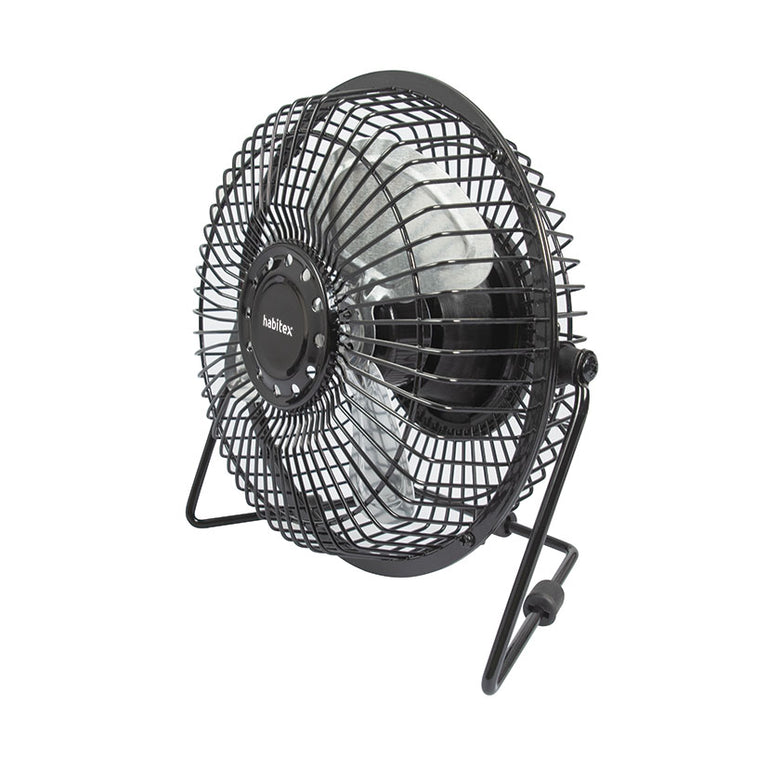 Mini ventilador USB Habitex VM-01 negro con aspas metálicas vista lateral