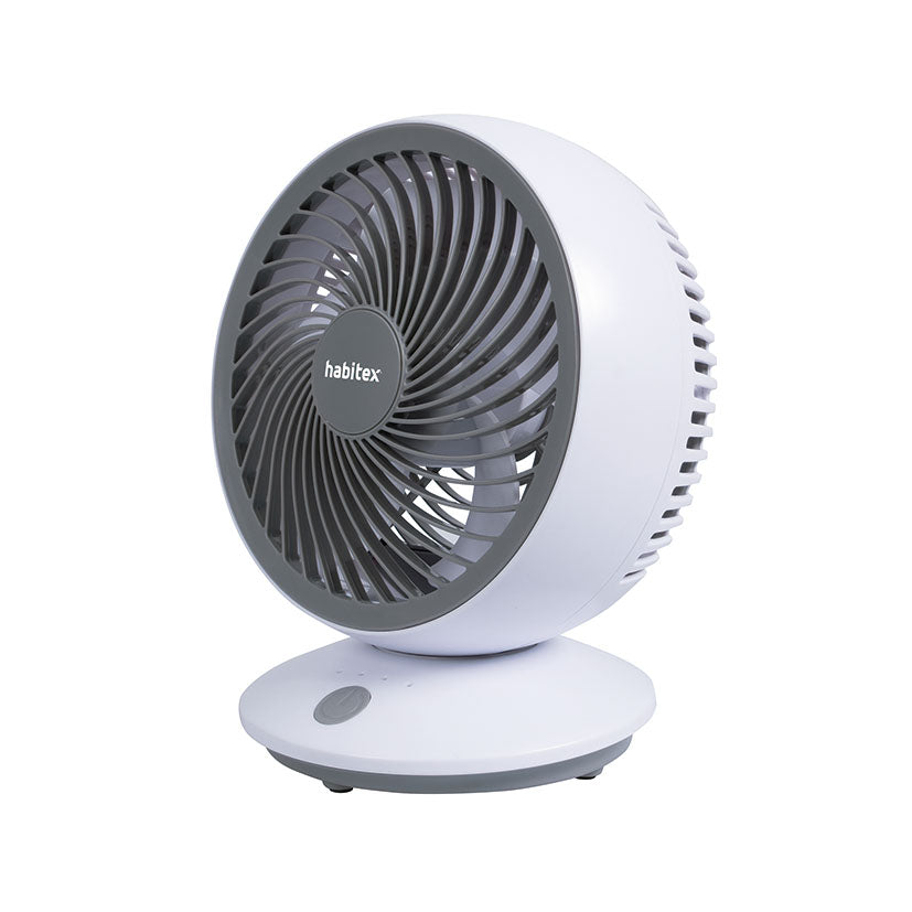 Mini ventilador de sobremesa Habitex VM-02 en color blanco y gris con base circular