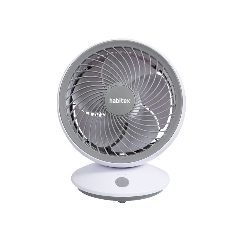 Vista frontal del ventilador USB Habitex VM-02 destacando su rejilla protectora espiral