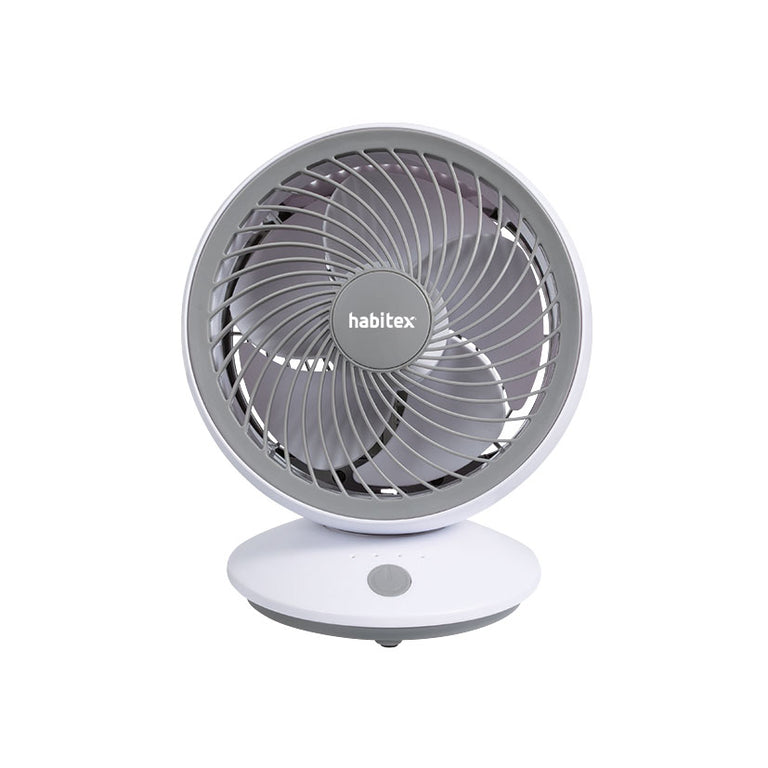 Vista frontal del ventilador USB Habitex VM-02 destacando su rejilla protectora espiral