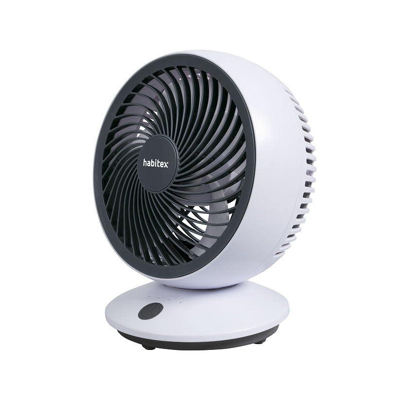 Mini ventilador de sobremesa HABITEX VM-03 blanco y gris con rejilla frontal espiral