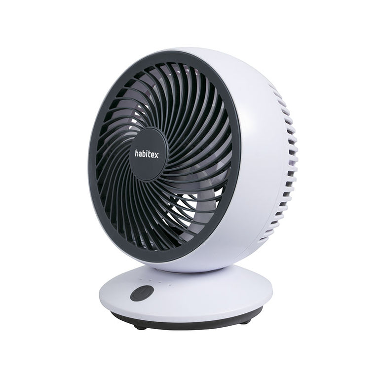 Mini ventilador de sobremesa HABITEX VM-03 blanco y gris con rejilla frontal espiral