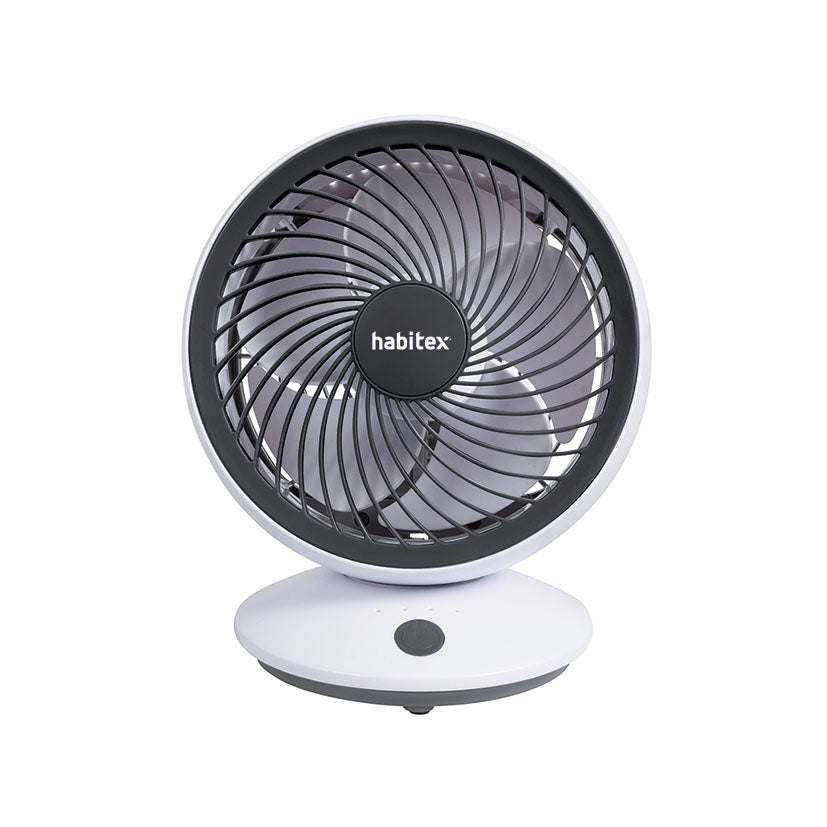 Vista frontal del ventilador USB HABITEX VM-03 mostrando sus 5 aspas y botón de control
