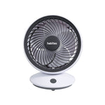 Vista frontal del ventilador USB HABITEX VM-03 mostrando sus 5 aspas y botón de control