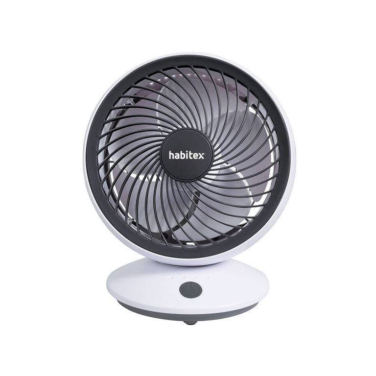 Vista frontal del ventilador USB HABITEX VM-03 mostrando sus 5 aspas y botón de control