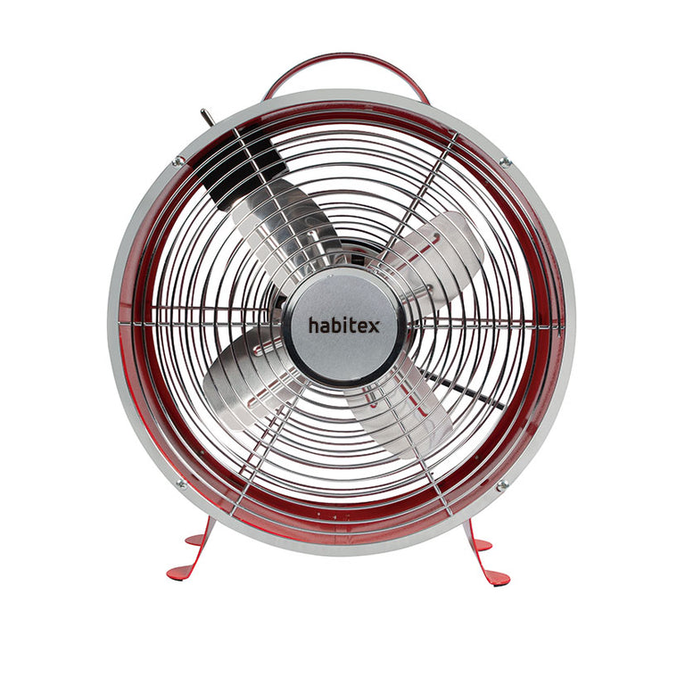 Vista frontal del ventilador Habitex VM-04 con rejilla cromada y cabezal de 26 cm.