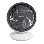 Vista frontal del ventilador recargable Habitex VM-05 mostrando la rejilla protectora espiral y sus 5 aspas.