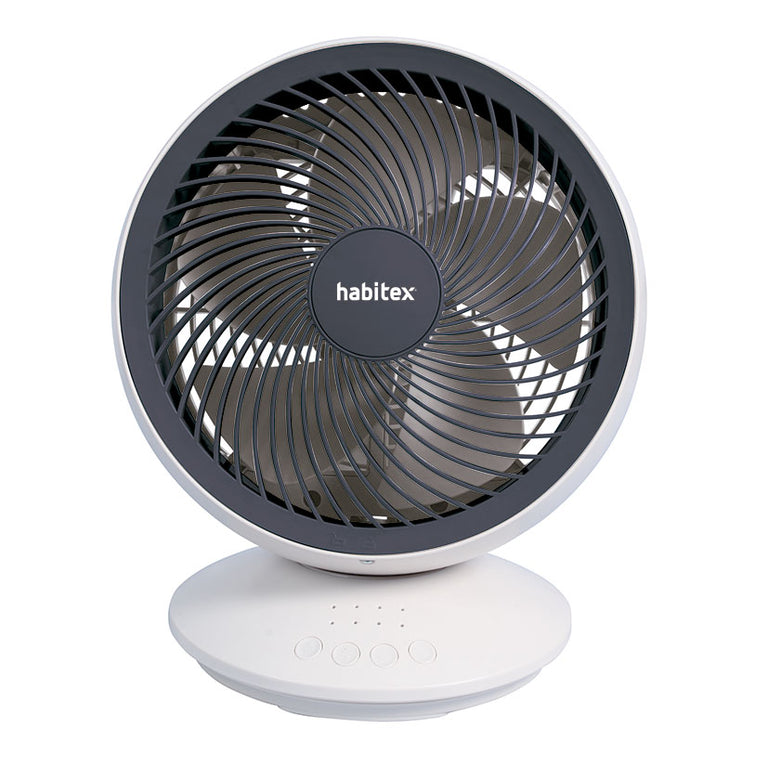 Vista frontal del ventilador recargable Habitex VM-05 mostrando la rejilla protectora espiral y sus 5 aspas.