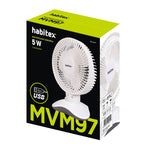 Caja del producto mini ventilador sobremesa Habitex MVM97 destacando alimentación USB y 3 velocidades