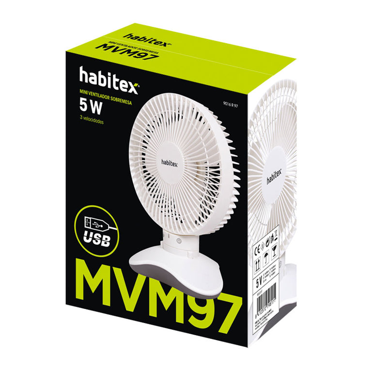 Caja del producto mini ventilador sobremesa Habitex MVM97 destacando alimentación USB y 3 velocidades