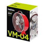 Embalaje original del ventilador Habitex VM-04 con características técnicas visibles.