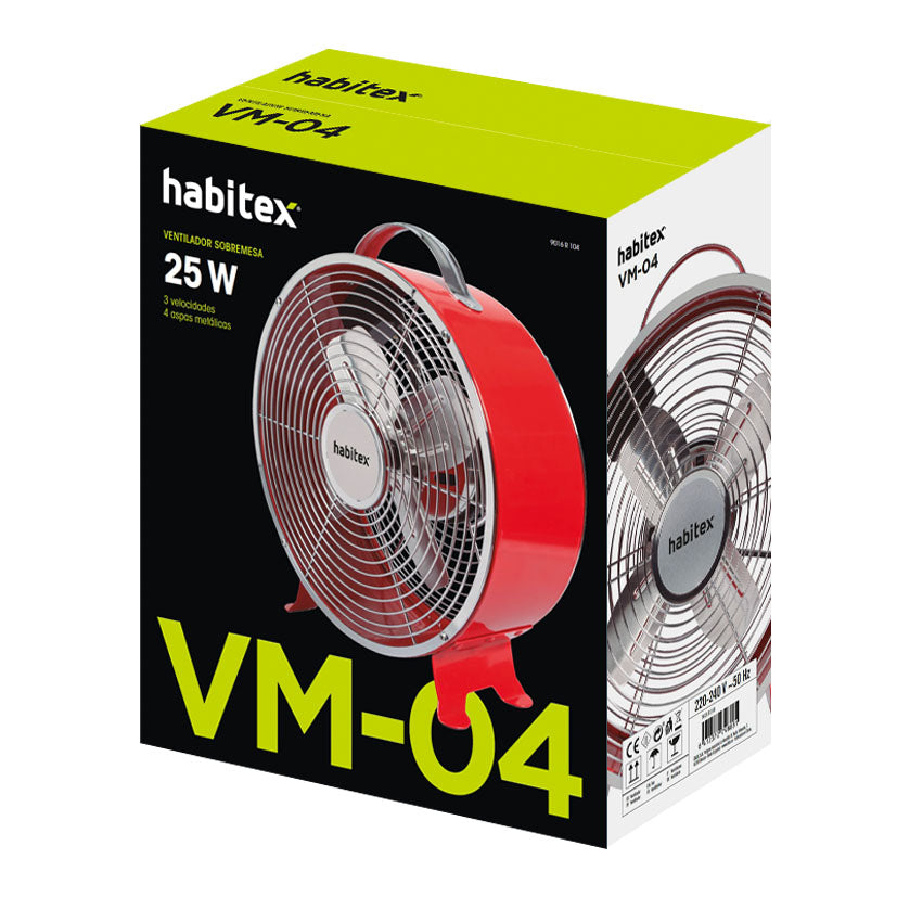 Embalaje original del ventilador Habitex VM-04 con características técnicas visibles.