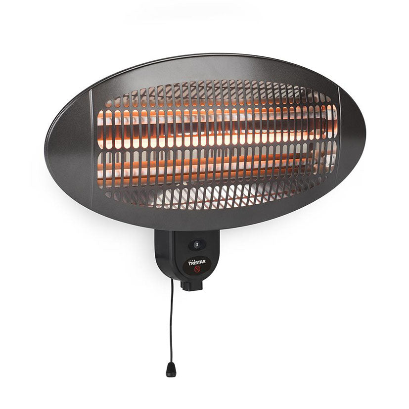 Calefactor de exterior Tristar KA-5286 de cuarzo color negro con rejilla protectora y tirador de encendido.