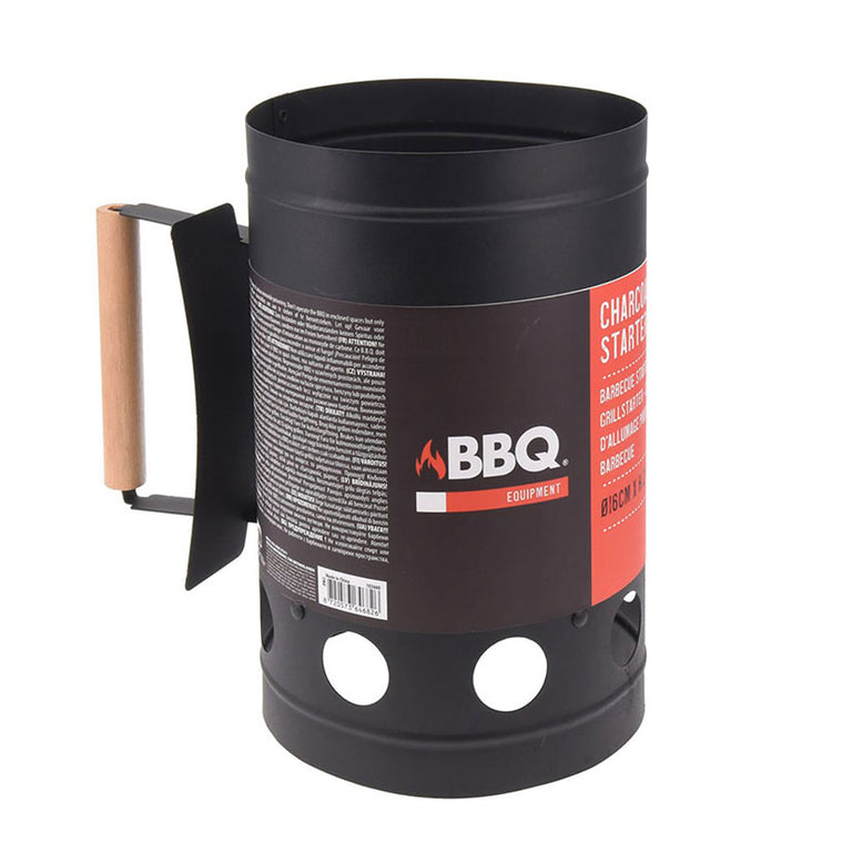 Encendedor de carbón metálico negro con mango de madera y escudo térmico para barbacoa ø16x27,5 cm