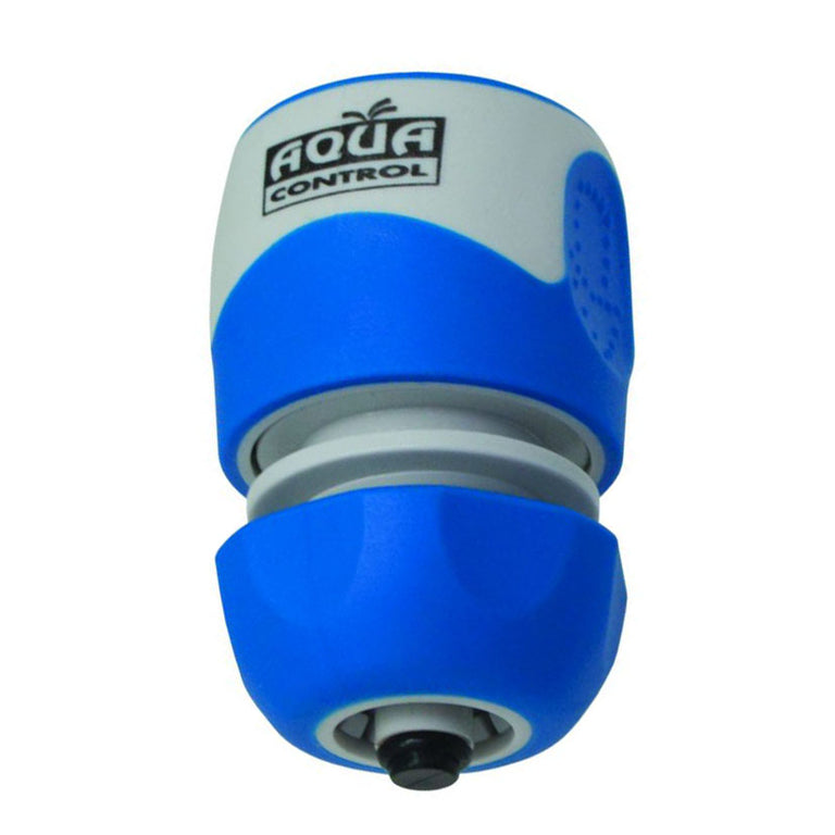 Conector rápido Aqua Control azul y blanco para manguera helicoidal de 10mm con sistema STOP y cuerpo bimateria
