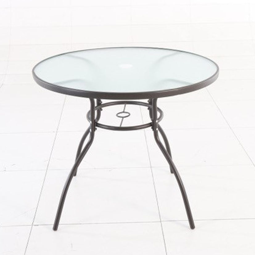 Mesa redonda de exterior Basic con sobre de cristal templado y estructura metálica gris