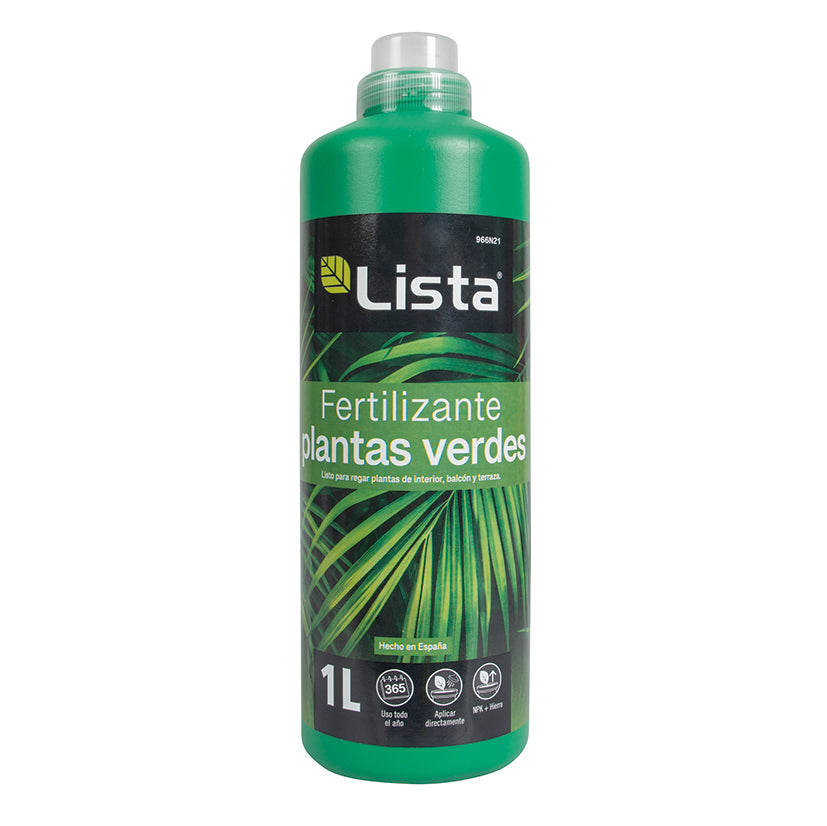 Botella de 1 litro de Fertilizante Plantas Verdes LISTA listo para usar con fórmula NPK y hierro