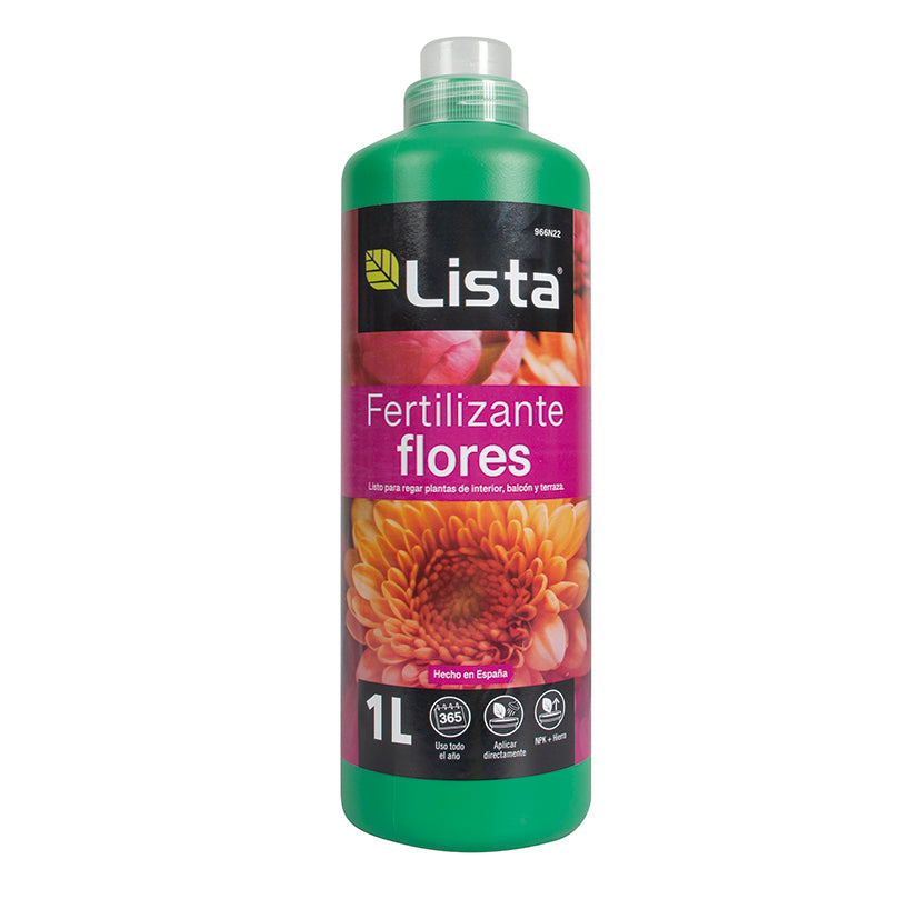 Botella de 1 litro de Fertilizante Flores LISTA para plantas de interior y exterior con NPK y Hierro