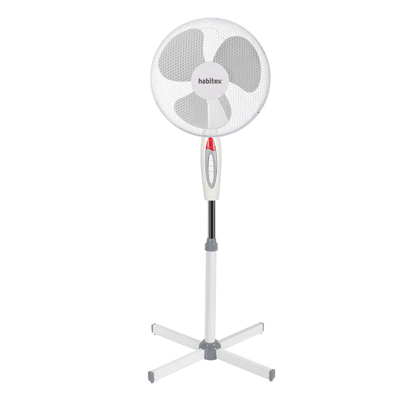 Ventilador de pie blanco Habitex VP-07 con base en cruz, 3 aspas y panel de control frontal