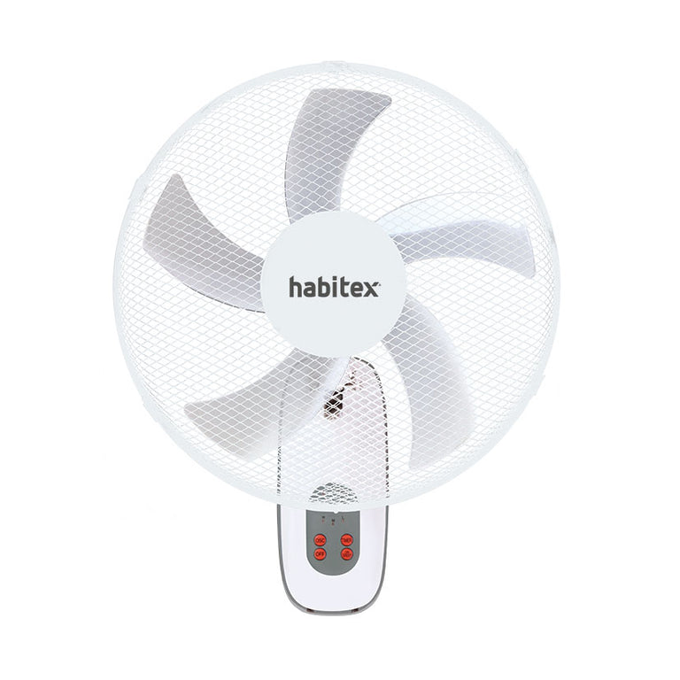 Ventilador de pared Habitex VTP-112 blanco con 5 aspas y rejilla de seguridad metálica.