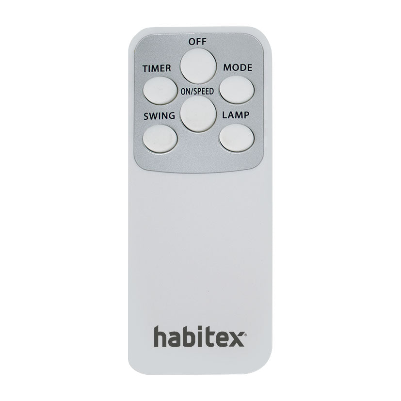 Mando a distancia para ventilador Habitex con botones de encendido, velocidad, temporizador y oscilación.