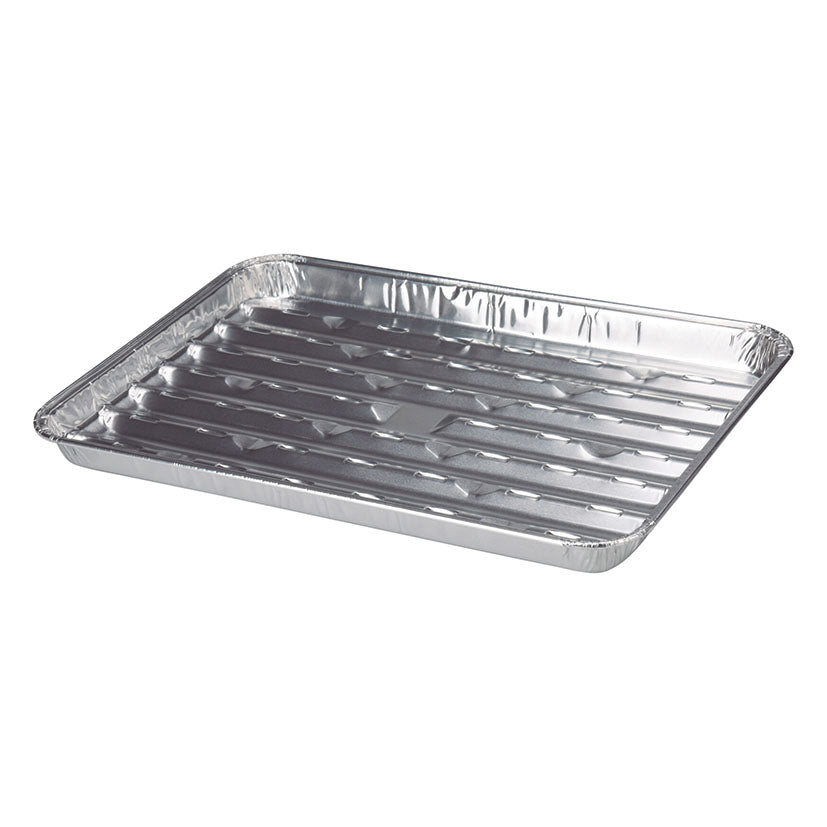 Bandeja de aluminio baja con base acanalada para drenaje de grasas en parrilla