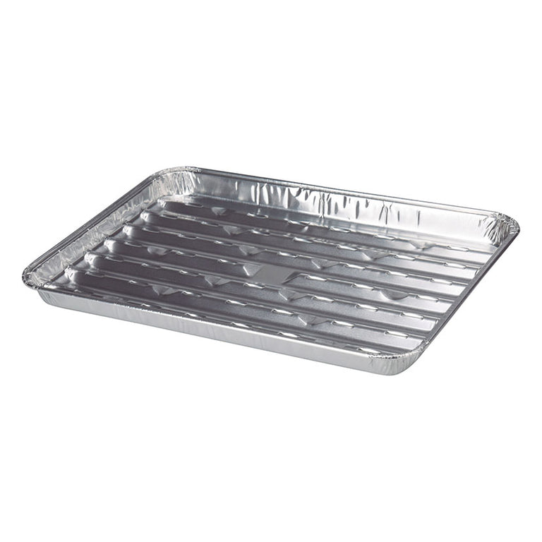 Bandeja de aluminio baja con base acanalada para drenaje de grasas en parrilla