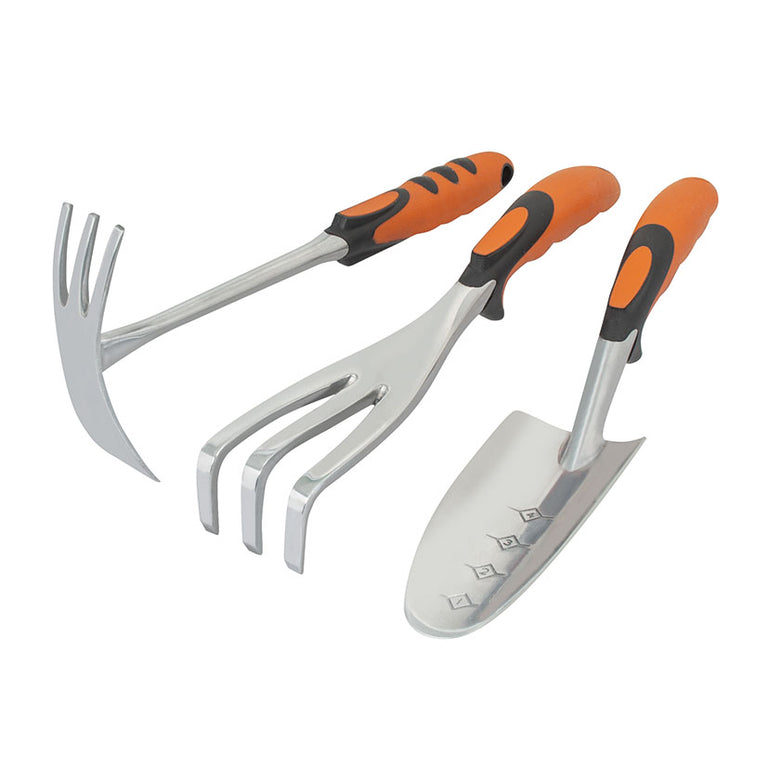 Juego de 3 herramientas de jardín LISTA en aluminio fundido con mangos ergonómicos naranja y negro.