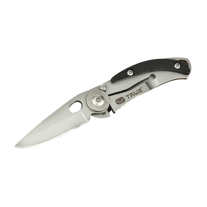 Navaja de bolsillo TRUE SkeletonKnife abierta mostrando hoja de acero inoxidable 420 y diseño minimalista.