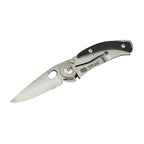 Navaja de bolsillo TRUE SkeletonKnife abierta mostrando hoja de acero inoxidable 420 y diseño minimalista.