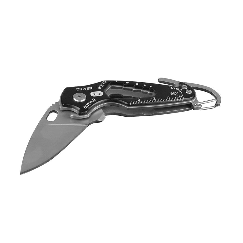 Navaja multiherramienta TRUE Smartknife abierta mostrando hoja de acero inoxidable y funciones grabadas en el mango