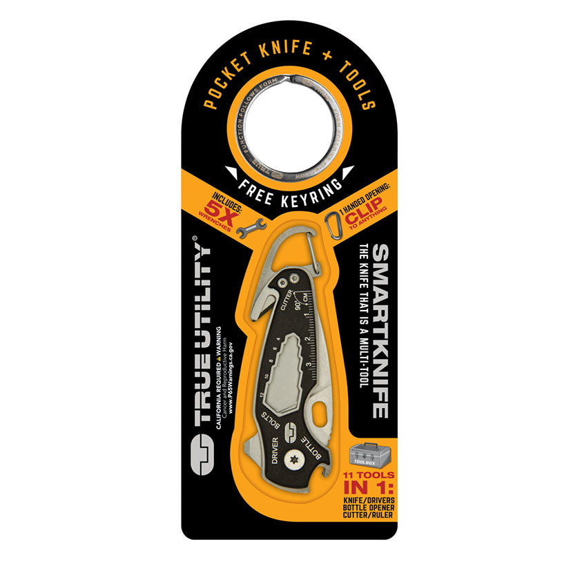 Empaque original de la navaja TRUE Smartknife detallando las 11 herramientas incluidas y diseño compacto