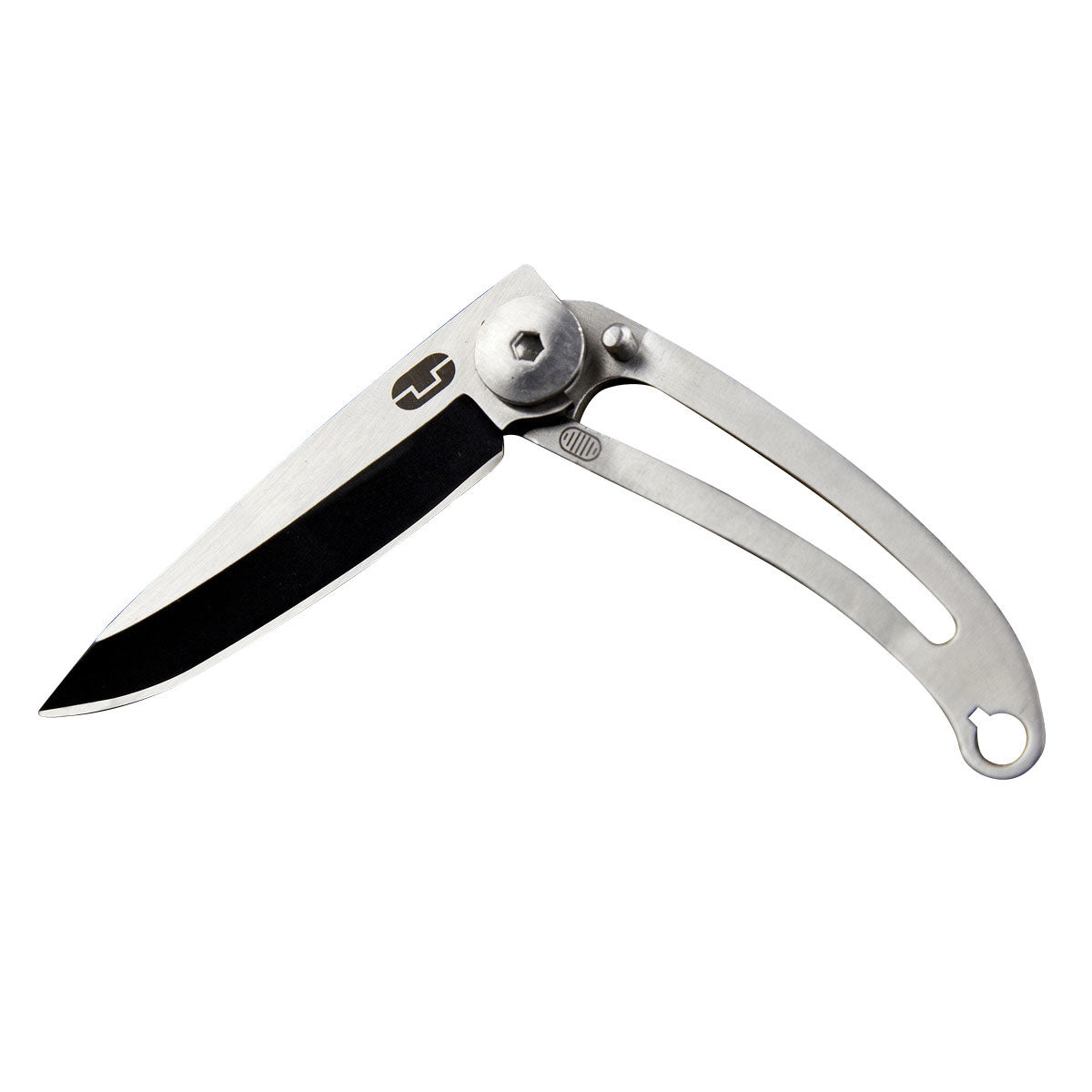 Navaja minimalista TRUE Bare abierta mostrando hoja de acero inoxidable con recubrimiento de titanio negro.