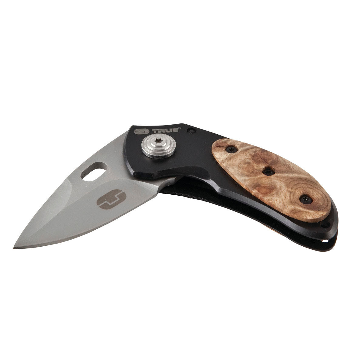 Navaja de bolsillo TRUE Jacknife semiabierta mostrando el veteado de madera y marco de aluminio