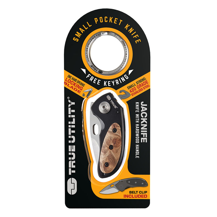 Blíster de venta de la navaja TRUE Jacknife con detalles técnicos y clip de cinturón