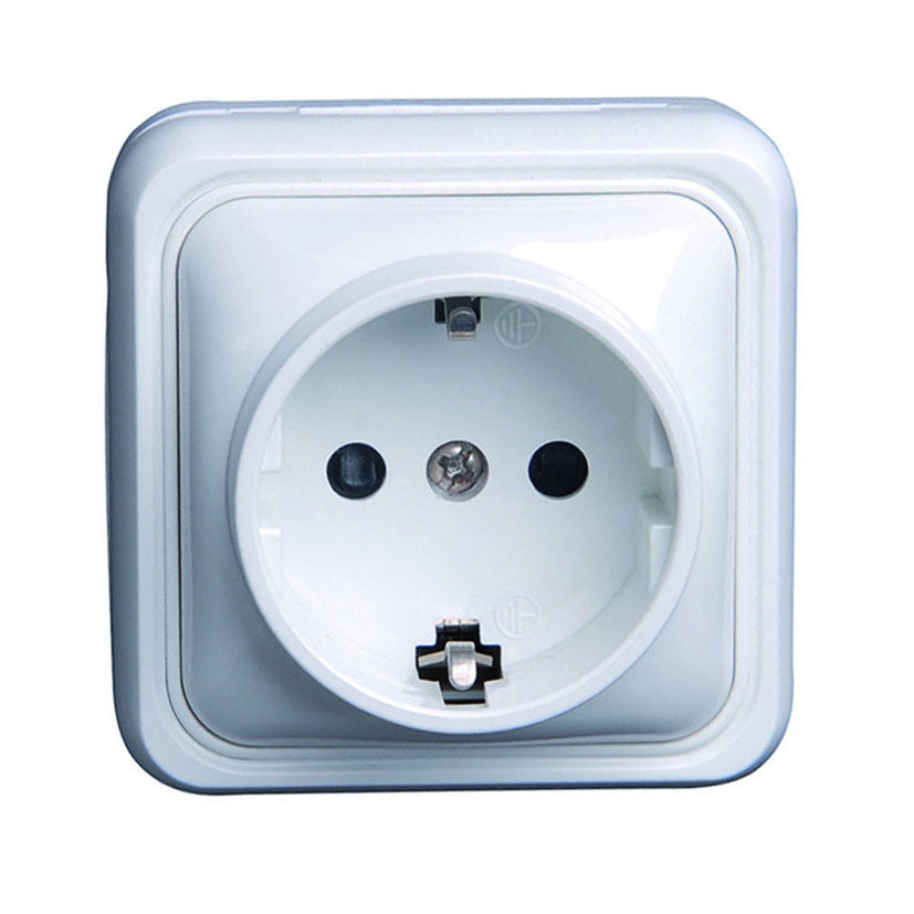 Base de enchufe schuko de superficie Simon blanca con toma de tierra lateral 10/16A 250V