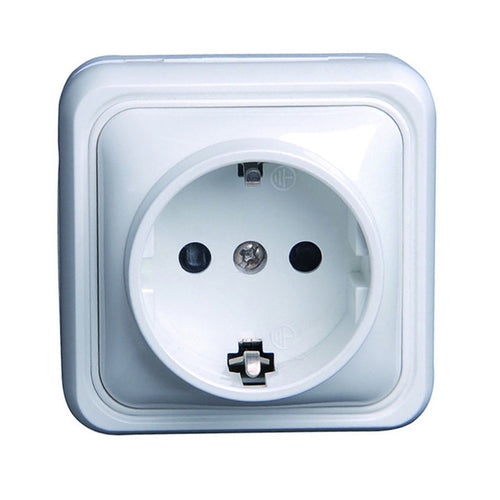 Base de enchufe schuko de superficie Simon blanca con toma de tierra lateral 10/16A 250V