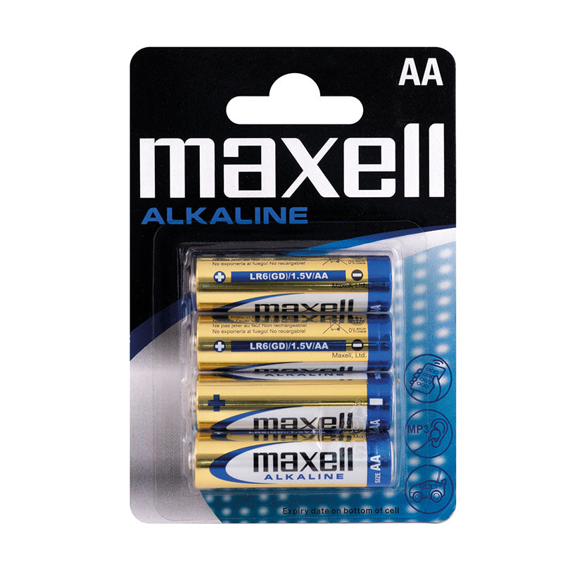 Pack de 4 pilas alcalinas Maxell tamaño AA LR06 de 1.5V para uso doméstico y profesional.