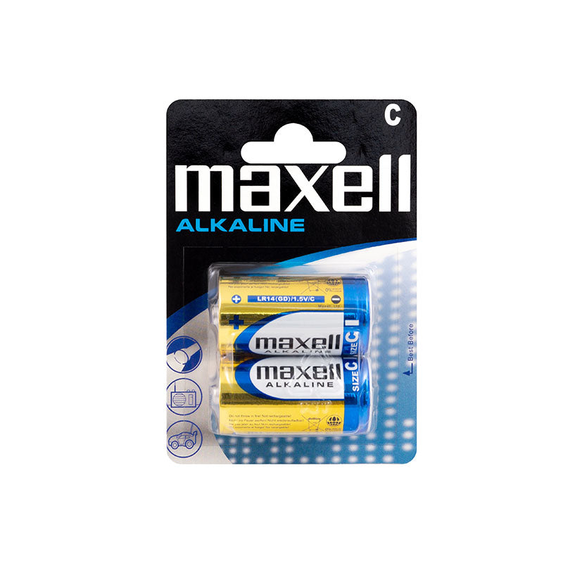 Blíster de 2 pilas alcalinas Maxell tamaño C LR14 de 1.5V energía duradera.