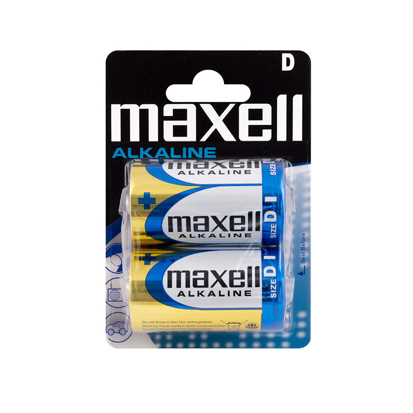 Pack de 2 pilas alcalinas Maxell tamaño D LR20 de 1.5V para dispositivos de alto consumo.