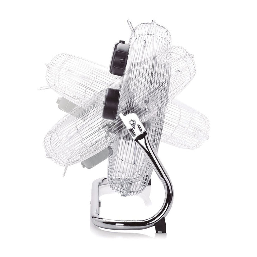 Ventilador de suelo Tristar con cabezal inclinable 130 grados mostrando posiciones de flujo de aire.