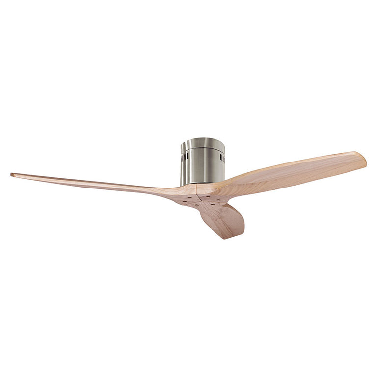 Ventilador de techo HJM VT548 con tres aspas de madera natural y motor DC en acabado acero cepillado.