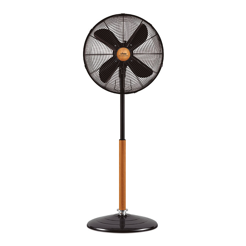Ventilador de pie UFESA Masachusets negro con detalles en madera vista frontal